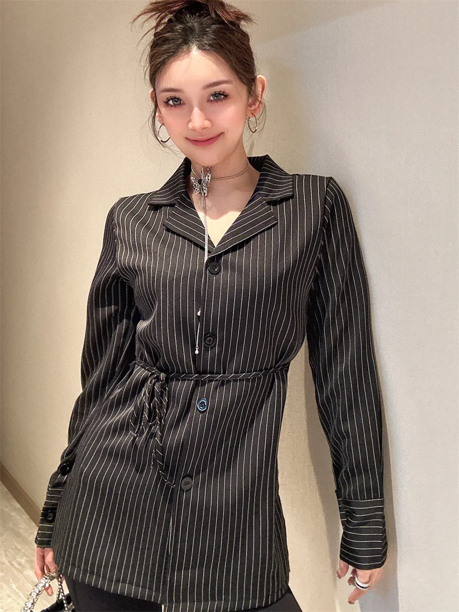 

Изысканные черные полосатые рубашки, женские гладкие индивидуальные рубашки, элегантная офисная одежда, весенне-осенние профессиональные топы с рукавами в корейском стиле