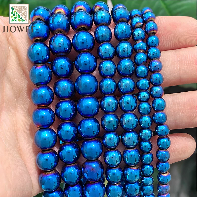 Natural Smooth Blue Plated Hematite Beads Round Beads DIY Bracelet Accessories For Jewelry Making 2/3/4/6/8/10mm 15'' Strand