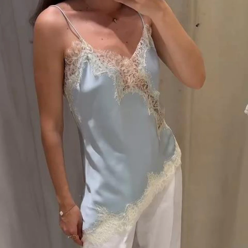 Combhasaki-Chaleco alto y bajo de satén con encaje Floral para mujer, camisola asimétrica con tirantes finos de seda y abertura lateral, Top fluido y sedoso con capas