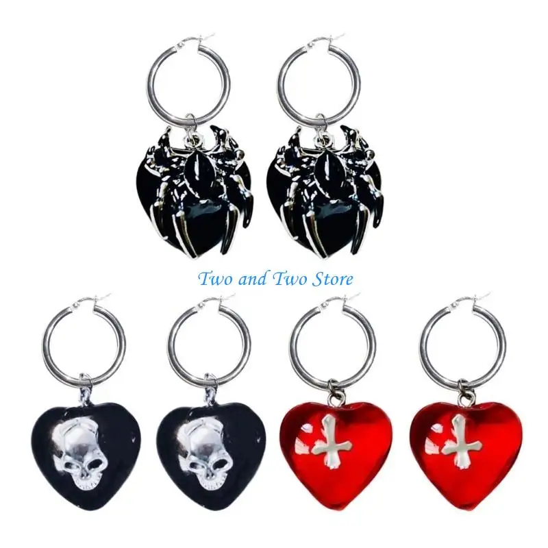 

HX6F Elegant Glass Skull Heart Ear Rings Sophisticated Glass Heart Earrings with Spiders/Skull/Crosses Embellishment Charm