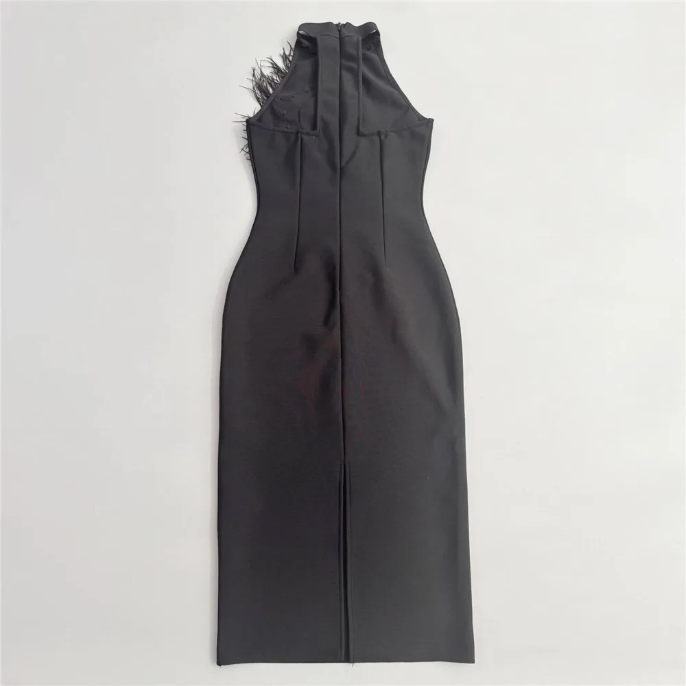 Women Sexy Beading Backless Bandage Dress Fashion Feathers Sleeveless Clothes Celebrity Party Midi Dresses