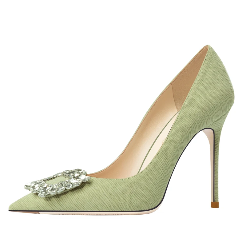 Woman shoes luxury women\'s shoes 2024 New Green Leather Rhinestone Woman Pumps Star Style High Heels Fashion Pointed Buckle 43