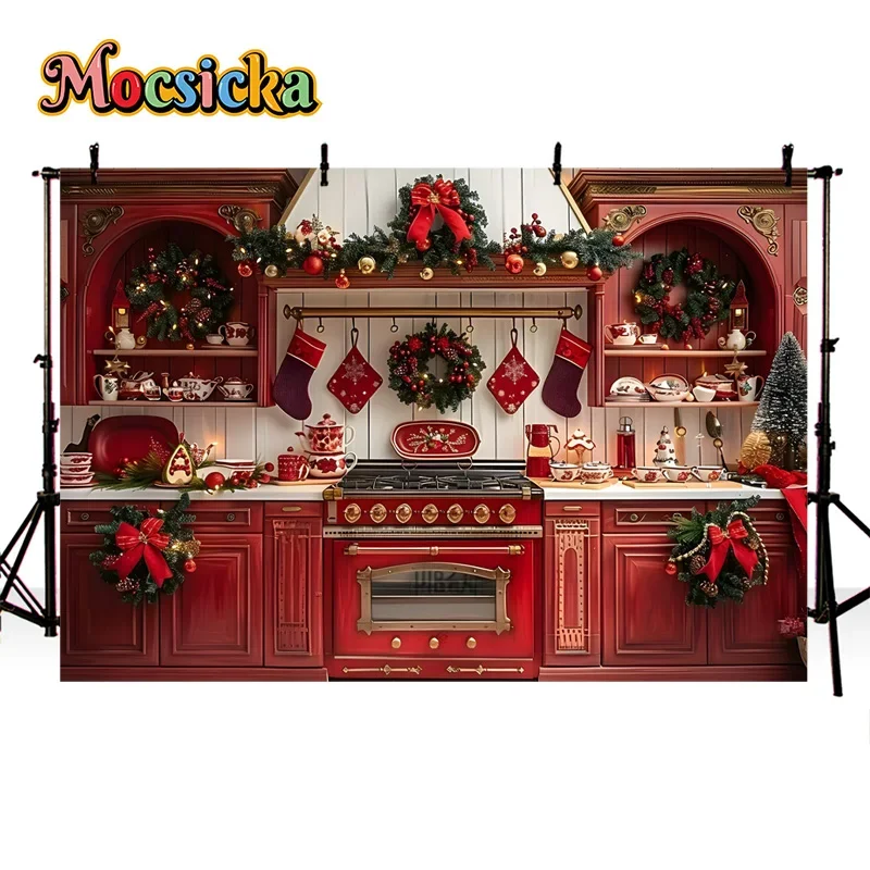 Mocsicka Photography Backdrop Merry Christmas Wreath Kitchen Red Background Happy New Year Party Photo Banner Studio Prop
