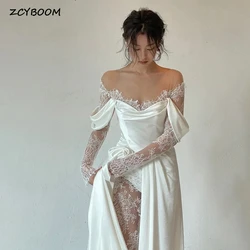 Elegante Branco O-Neck Lace mangas compridas Vestidos de casamento 2023 A-Line Floor Comprimento Sweep Train Side Slit cetim Zipper vestido nupcial