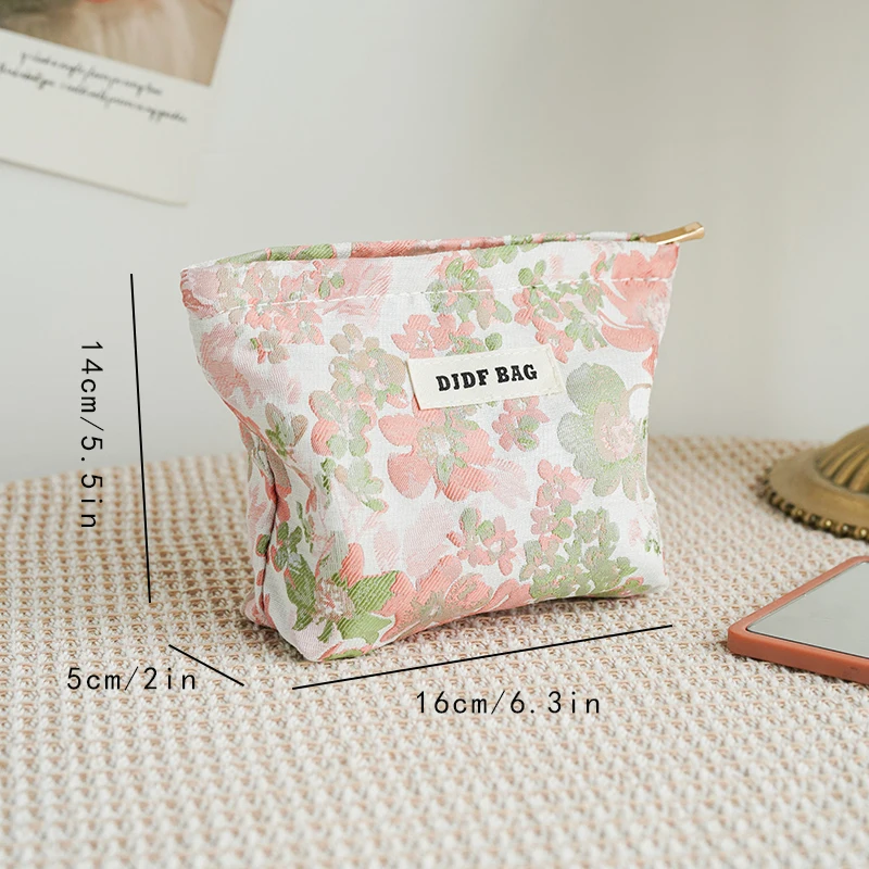 DJDF Pink Flower Small Women\'s Cosmetic Bag Double Layer Soft Canvas Portable Sanitary Napkin Storage Bag Coin Purse Ins Style