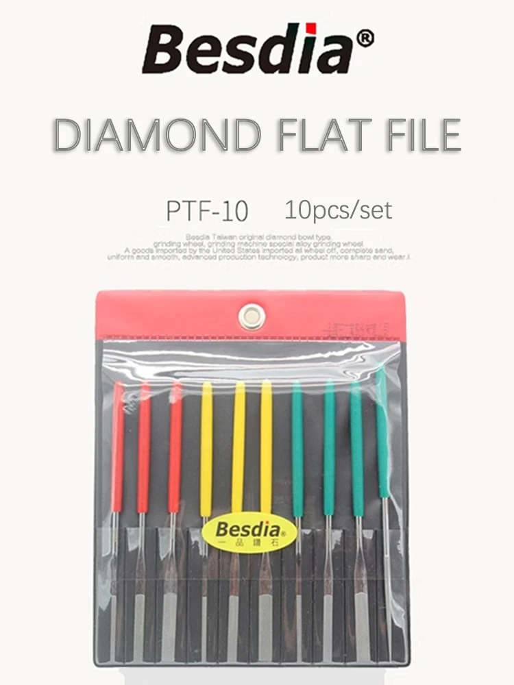 Taiwan Besdia 10pcs #200 #400 #600 Original Diamond Needle Flat File PTF-10 Hand Assorted Files Set for Fine Finishing DIY Tools