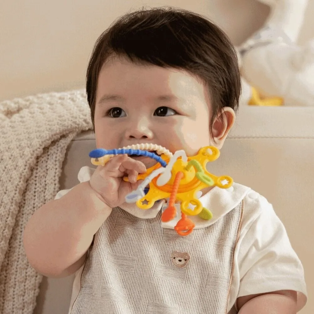 Interactive Teething Toy 3 in 1 Baby Sensory Toys Silicone PP Baby Pull String Toy Develops Cognitive Montessori Infant