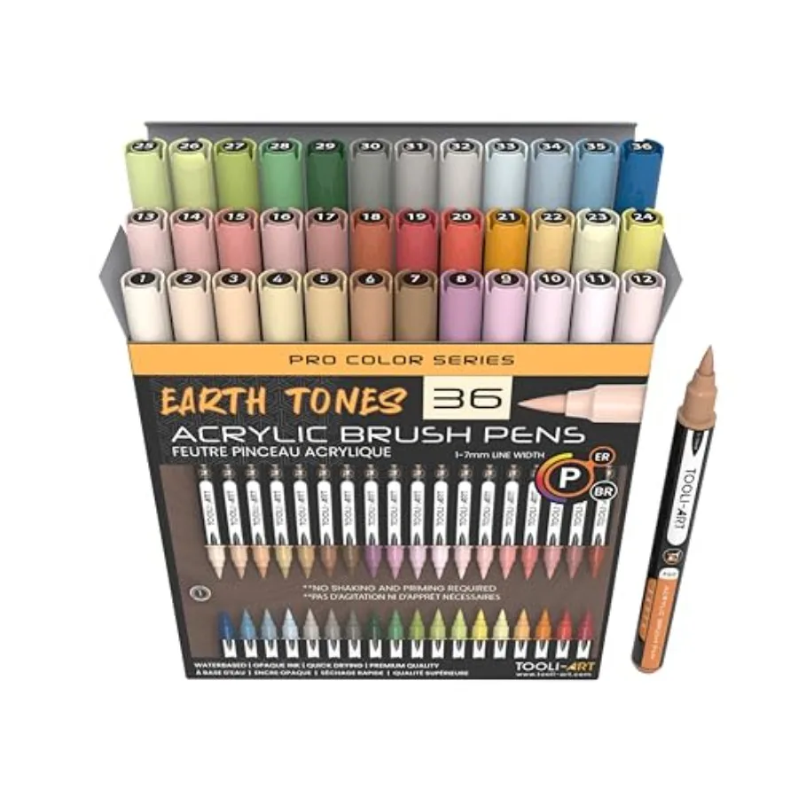 

36 Flexible Brush Tip Tones Acrylic Paint Pens Markers Set 1-7mm Line for Rock Painting Glass Mugs Wood Metal Canvas Plastic. N