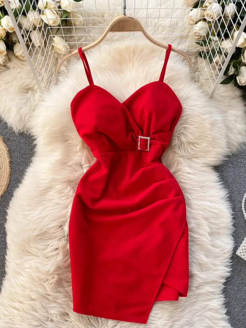 2025 New Korean Chic Women Mini Party Dress Solid Elegant Spaghetti Strap Sleeveless Summer Dress Sexy V-neck Slim Club Vestidos