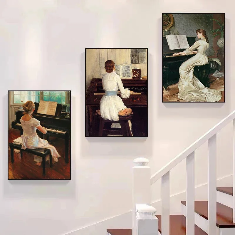 Vintage Play Piano Girls Aesthetic Canvas Painting Posters and Prints Wall Art Picture For Living Room Decoration