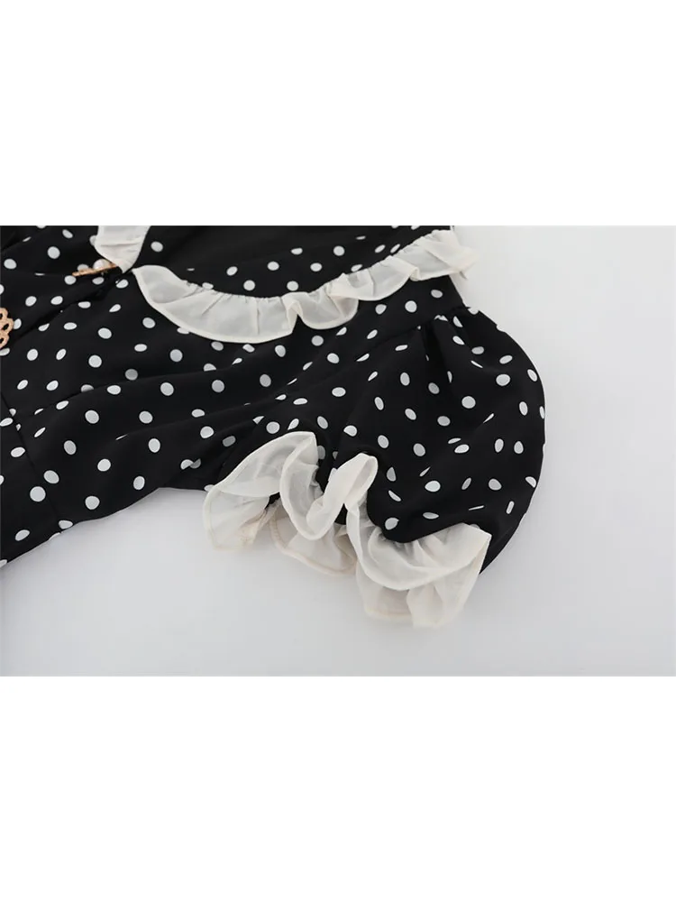 French Elegance Black Fairy Dress Puff Sleeve Dot Party A-Line Dress 2000s Aesthetic Peter Pan Collar Frocks Streetwear Gothic