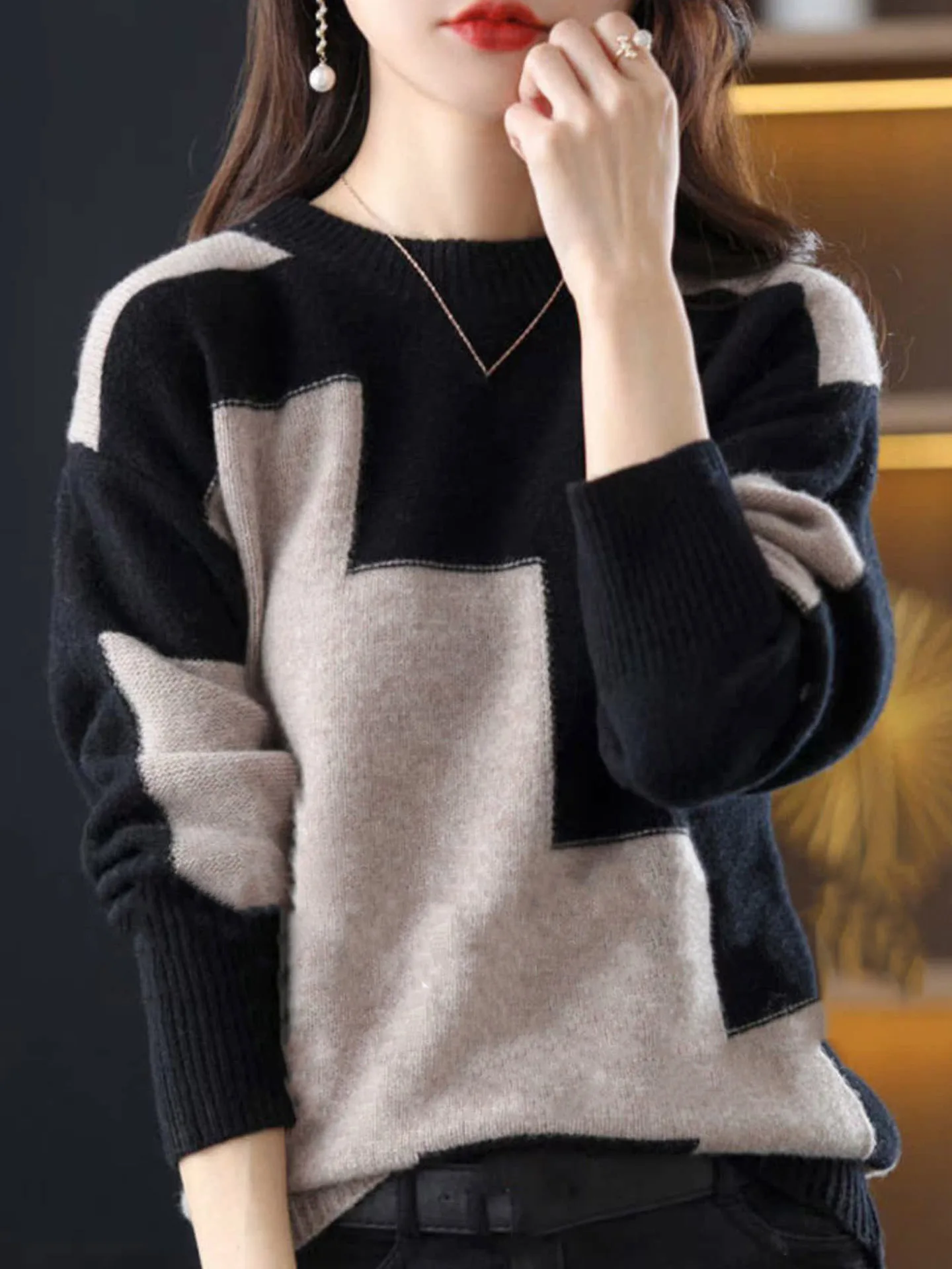 

Модный объемный вязаный свитер с длинными рукавами, утолщенный, в стиле колор-блок, зимняя новинка, женский, комфортный, хорошо сидящий топ