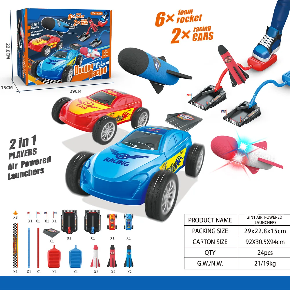 2 in 1 Air Powered Launcher Toy Step On Foam Rocket & Racing Car Set Kids Outdoor Competitive Play Game Gift