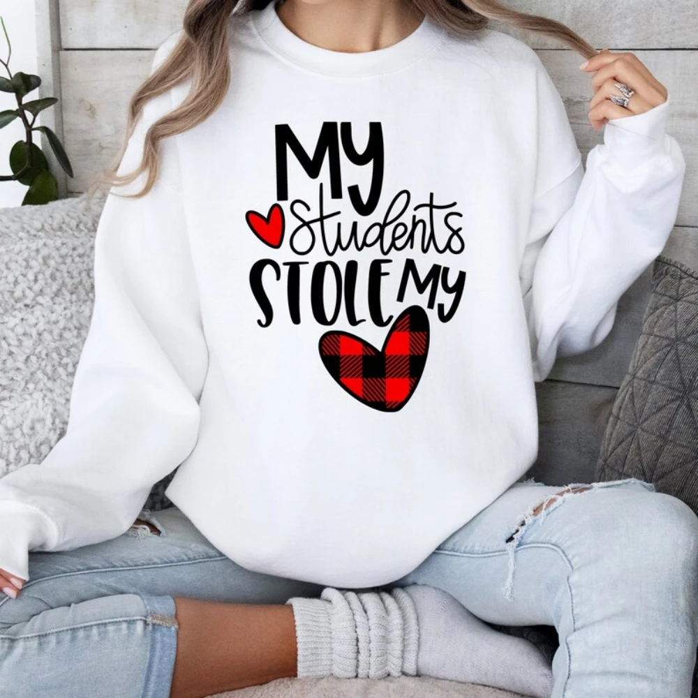 Cute Teacher Shirt My Students Stole My Heart Gift T-Shirt Teacher Valentine Crewneck Pullover Top Heart Graphic Sweatshirts