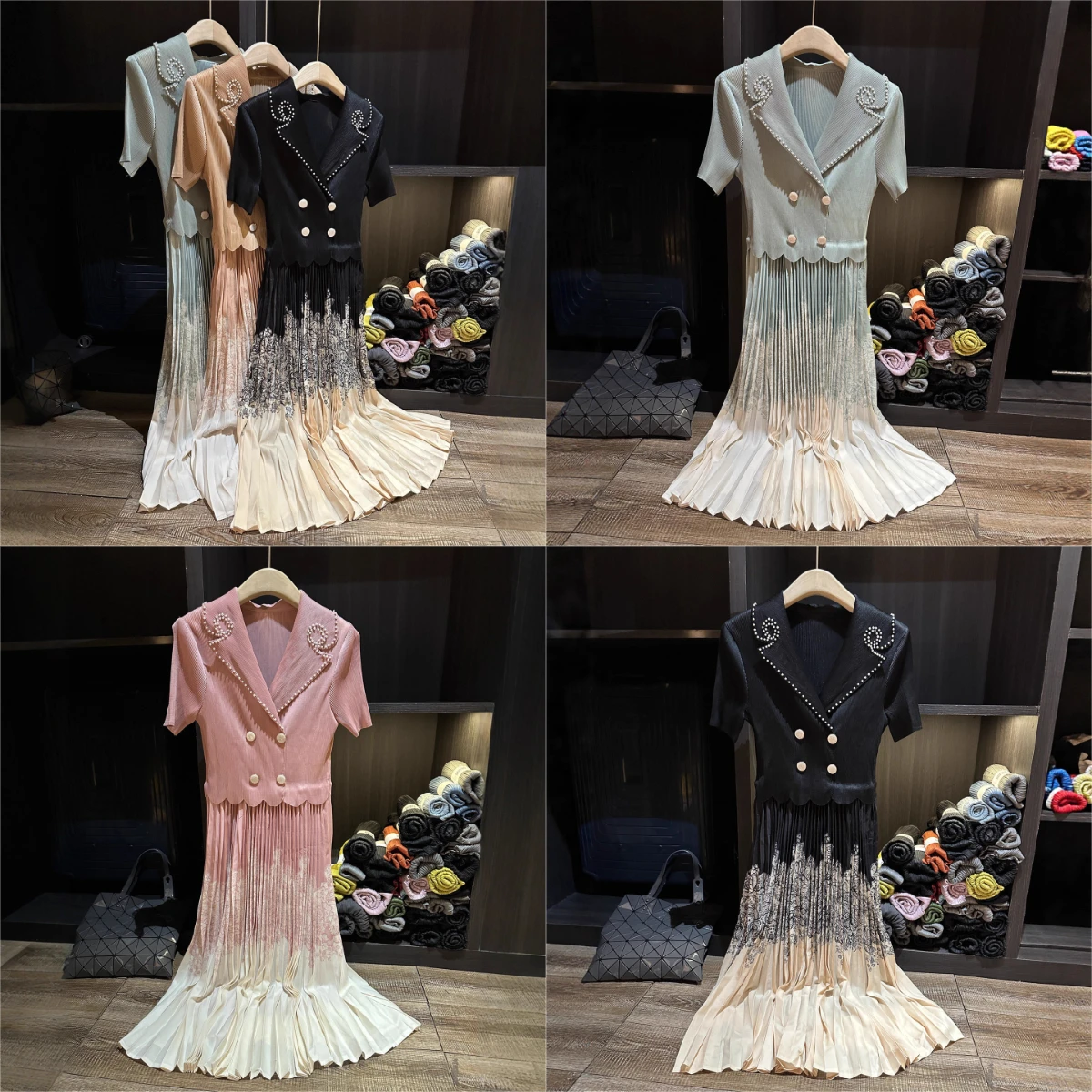 

Miyake Pleated Summer 2025 New Suit Collar Nail Bead Fashion Print Pleated Splicing Elegant Commuting Fashion Dress for Women