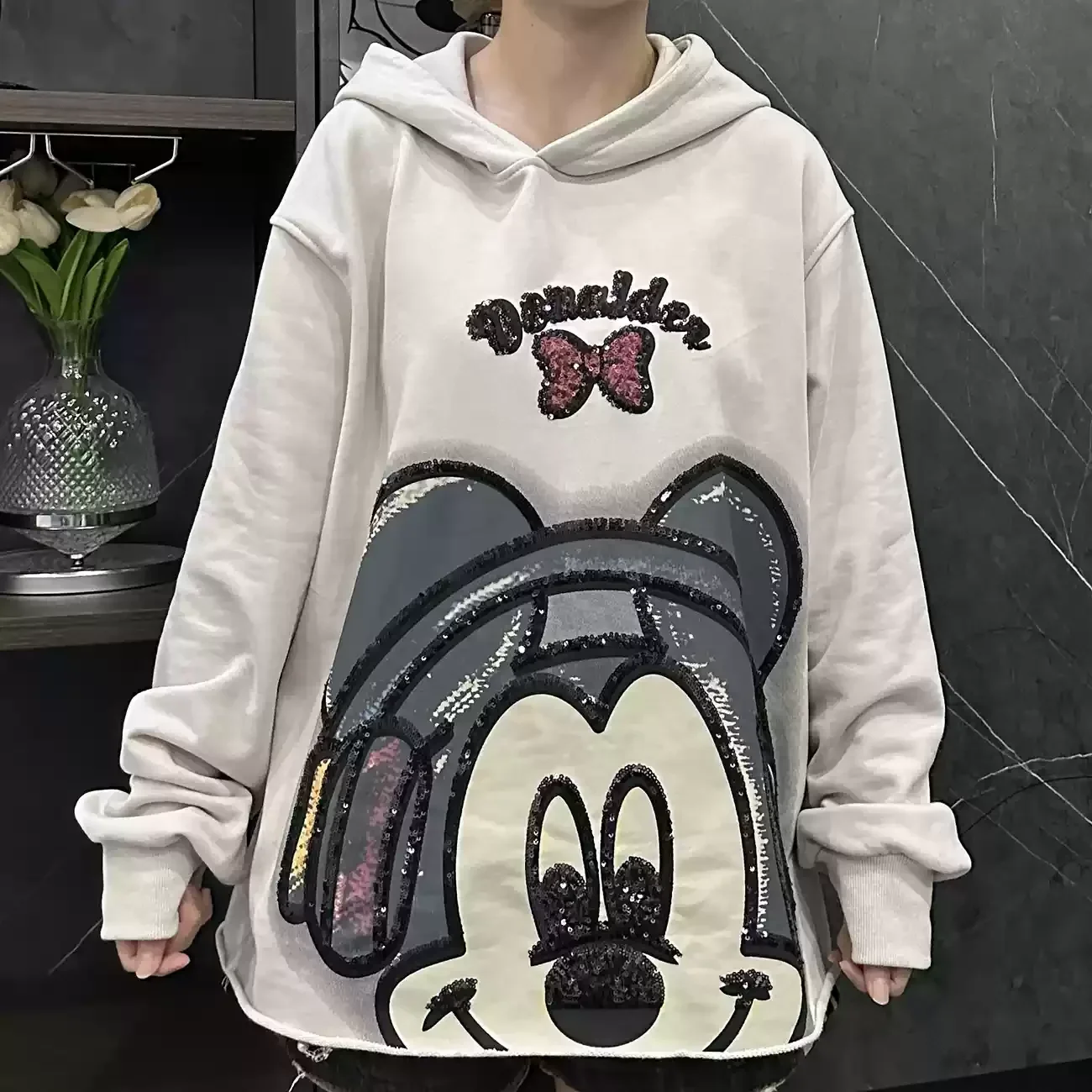 Autumn New Heavy Industry Sequin Printing Cartoon Bow Hooded Sweatshirts Women Loose Long Sleeve Pullover Top Kawaii Clothes