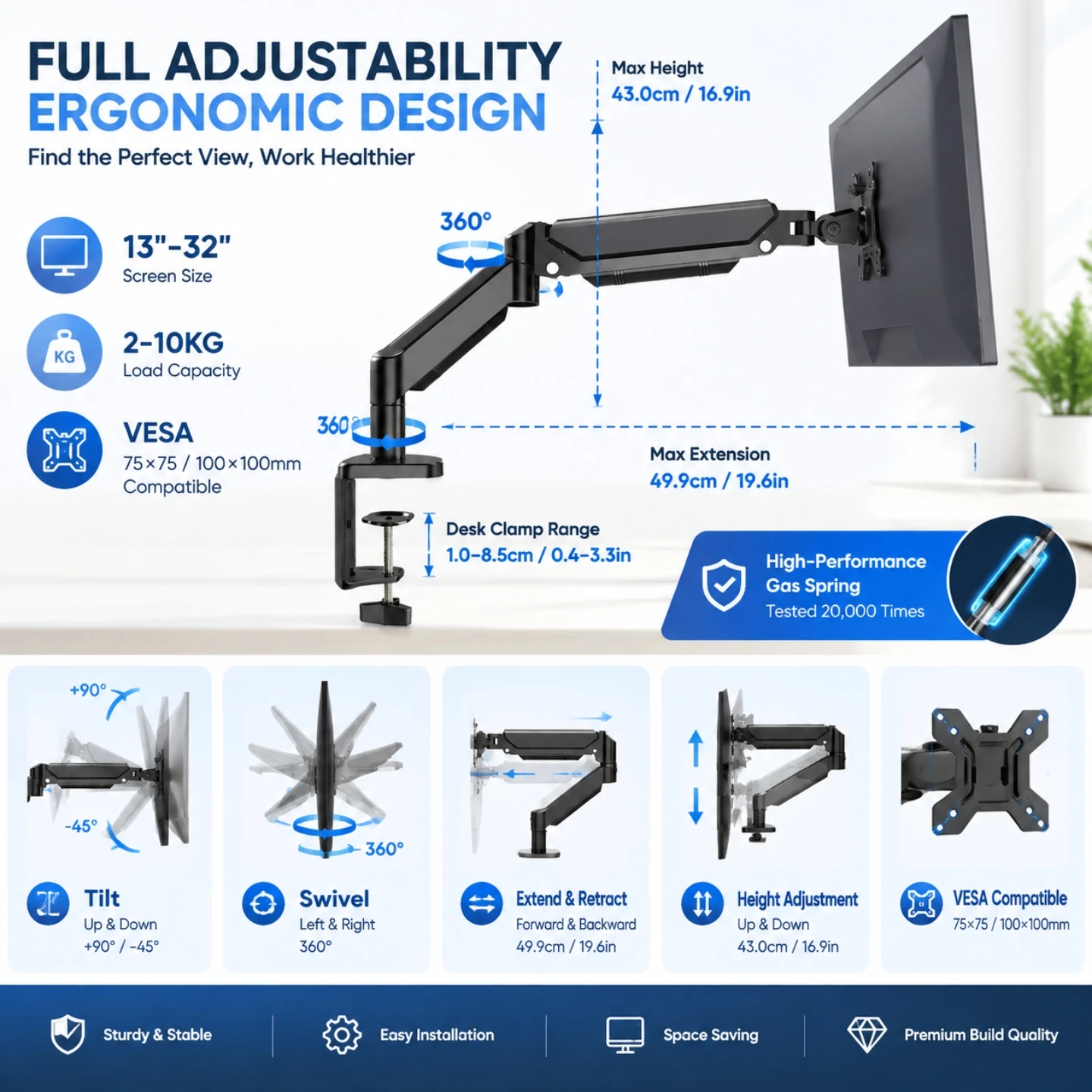 Universal Single Monitor Arm Mount Desk Clamp Stand for 13-32 Inch Computer Screens, Full Motion Adjustable VESA Bracket, Heavy