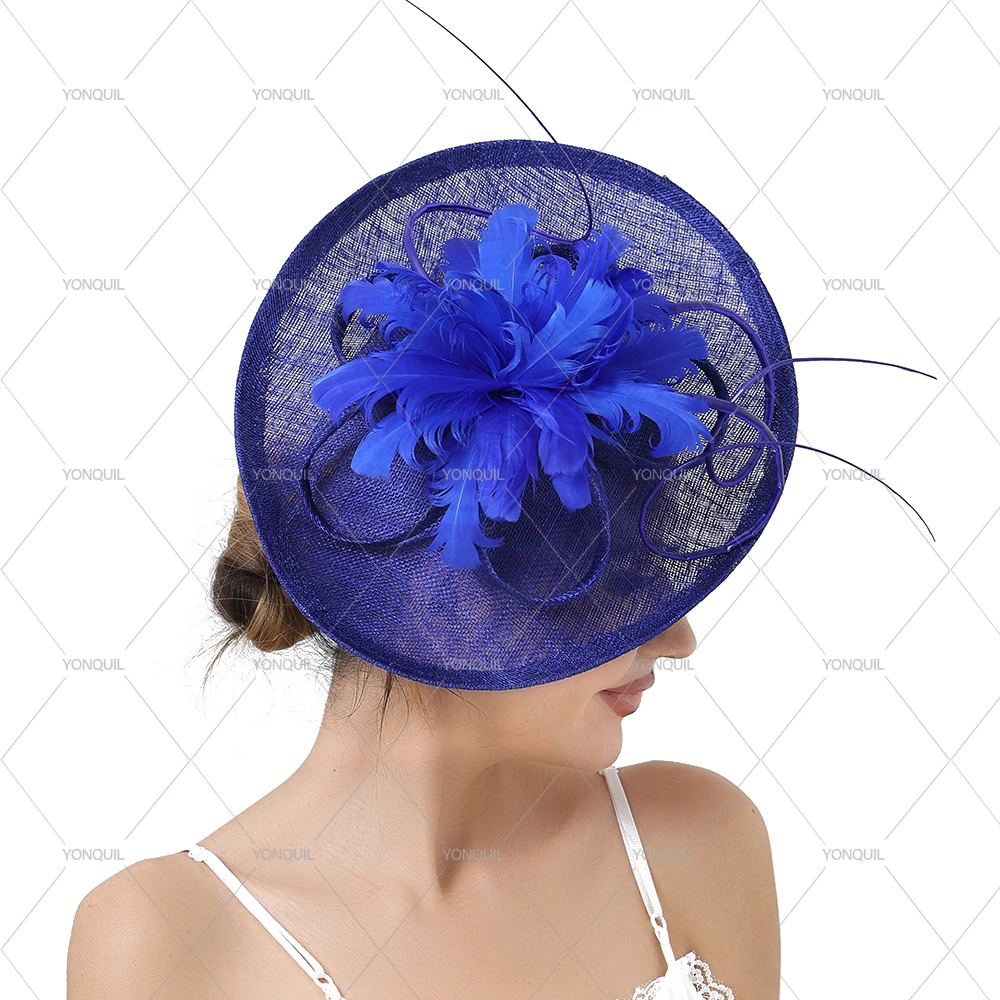 blue Fascinator Sinamay Hats Wedding Big Millinery Headwear Vintage Elegant Ladies Fedora Church Bridal Headband With Feather