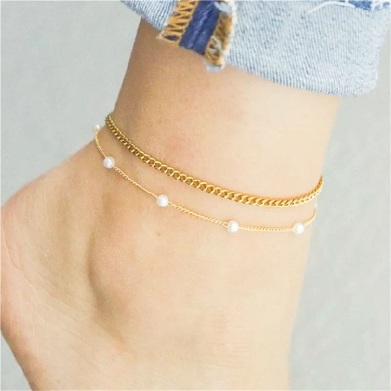 Boho Double Layers Pearl Anklets For Women Gold Color Metal Ankle Bracelet Foot Jewelry Summer Beach Ankle Chain Accessories