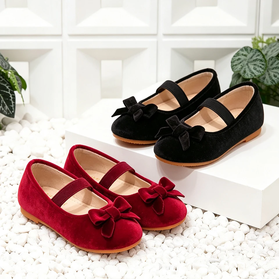 Premium Little Girls Velvet Mary Jane Ballet Flats Shoes Formal Casual Footwear for Wedding Party School Wear Flower Girl Shoes