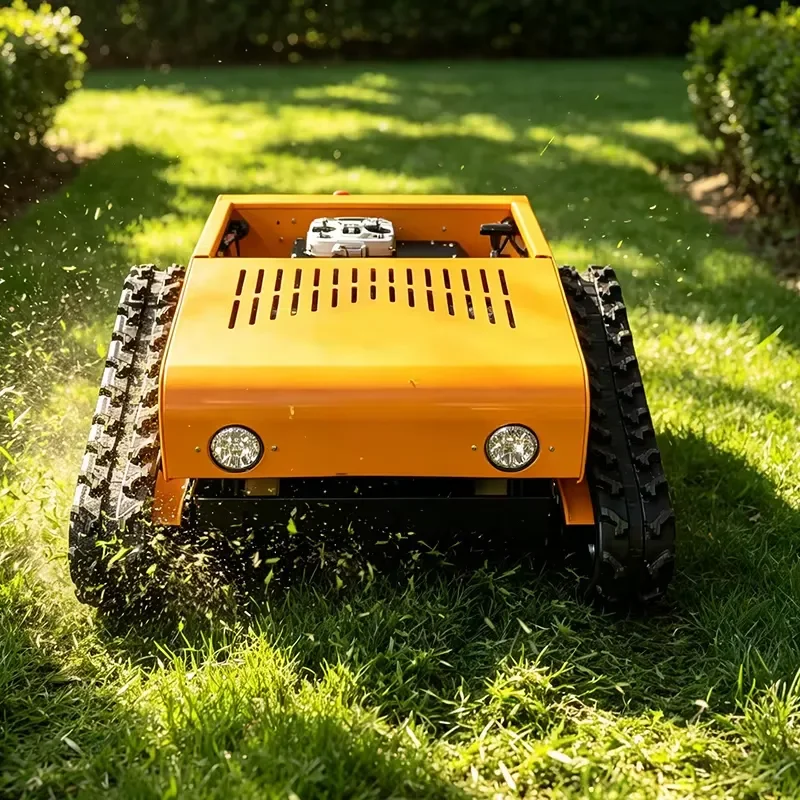 Height Adjustable Tracked Remote Mower for Lower Branch Trimming Between Orchard Tree Rows