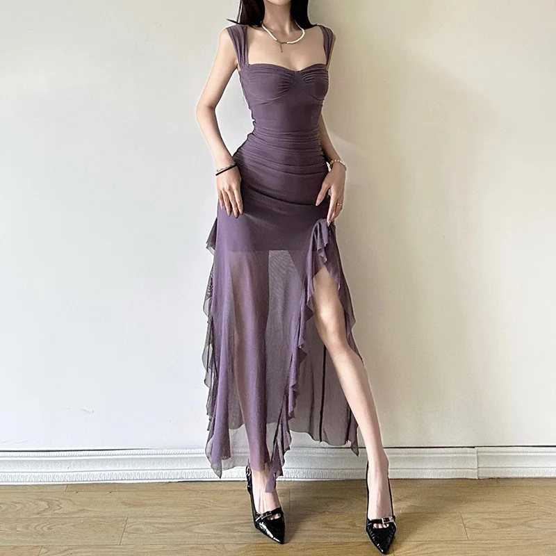 

Sexy Spring New Arrival Women Dress Spaghetti Strap Bandage Bodycon Long Slit Side Split Bustier Tube Gown Fashion Trendy Outfit