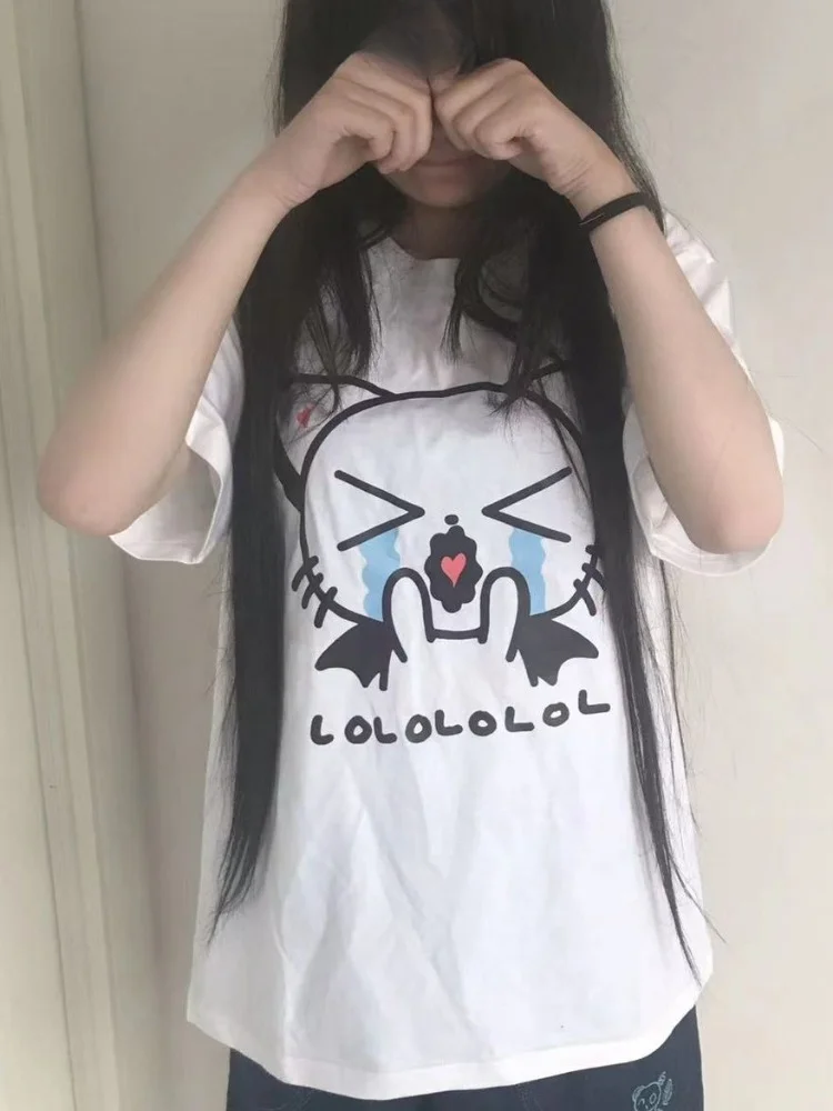 ADAgirl Kawaii Cat Print T-shirts for Women Anime Kitty Graphic Short Sleeve Tight Tees White Tops Japanese Y2k Cutecore Clothes