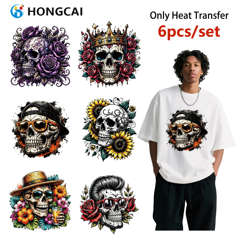 6Pcs Premium Skull Iron-on Vinyl, Mexico Fiesta Calavera HTV for Cotton Poly Blends, High-Stretch UV-Resistant Mod Breathable