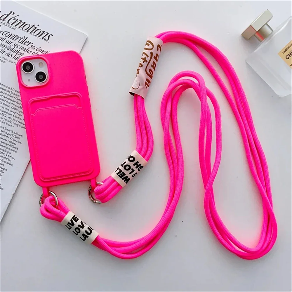 Lanyard Strap Card Holder Candy Silicone Phone Case for IPhone 15 14 13 12 11 Pro XS Max X XR 8 7 Plus Wallet Soft Cover Funda