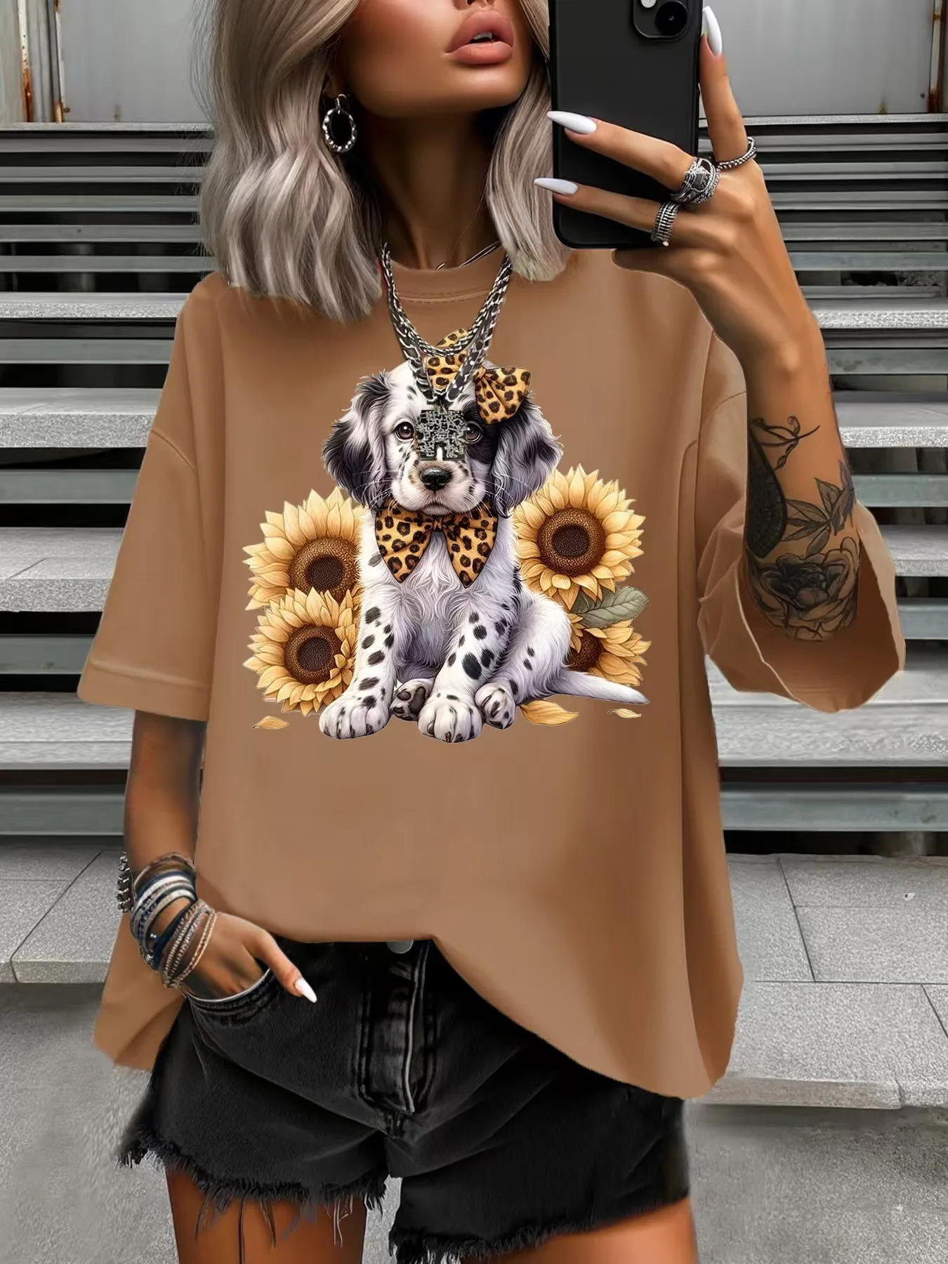 T-shirt taglie forti da donna estiva Design originale Moda Girasole Dalmata Stampata Girocollo casual da donna Top a maniche corte