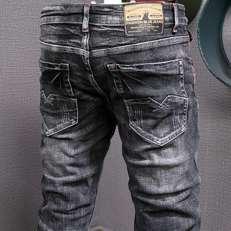 Fashion Designer Men Jeans Retro Black Gray Elastic Stretch Slim Fit Trendy Trousers Ripped Jeans Men Vintage Denim Pants Hombre