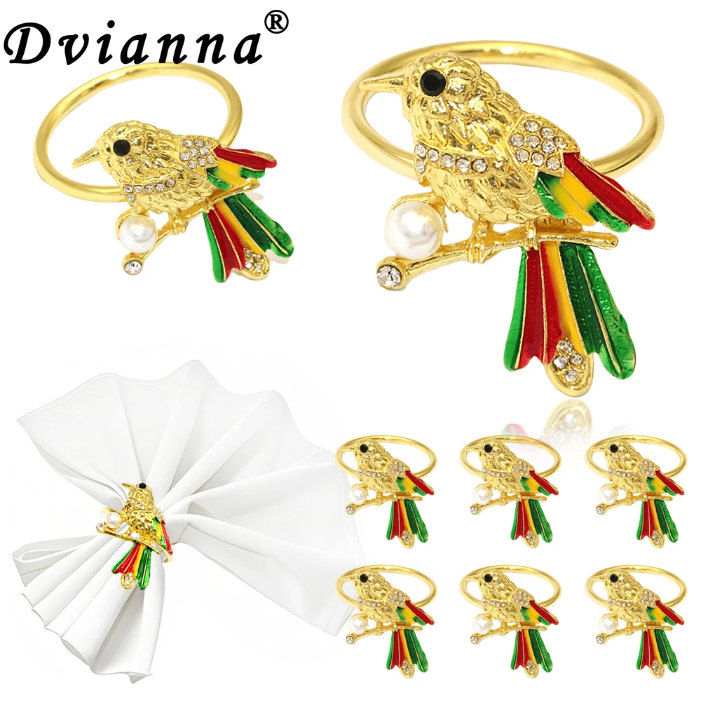 8Pcs Dvianna Bird Napkin Rings, Gold Enamel Hummingbird Napkin Holders with Pearl & Crystal for Tropical Wedding Table Decor