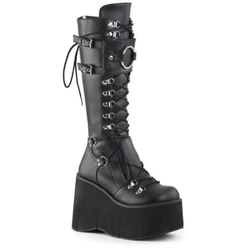 

Wedges Lace Up Belt Buckle Women's Boots Platform Round Toe Super High Knee-High Boots Black Punk Fashion Streetwear Women Shoes