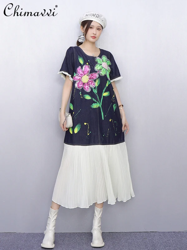 2025 ฤดูร้อนเสื้อผ้าชุดสตรีใหม่แฟชั่นหลวมขนาดใหญ่อุตสาหกรรมหนักลูกปัดเย็บปักถักร้อยElegantความยาวกลางเสื้อยืดชุด