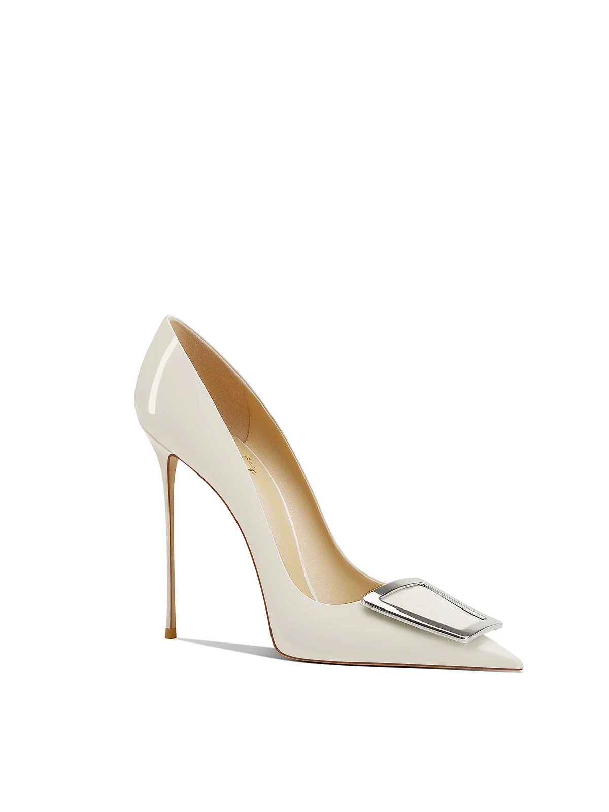 

White Patent Leather Square Buckle Dress High-end Pointed Head Stiletto High Heels Women