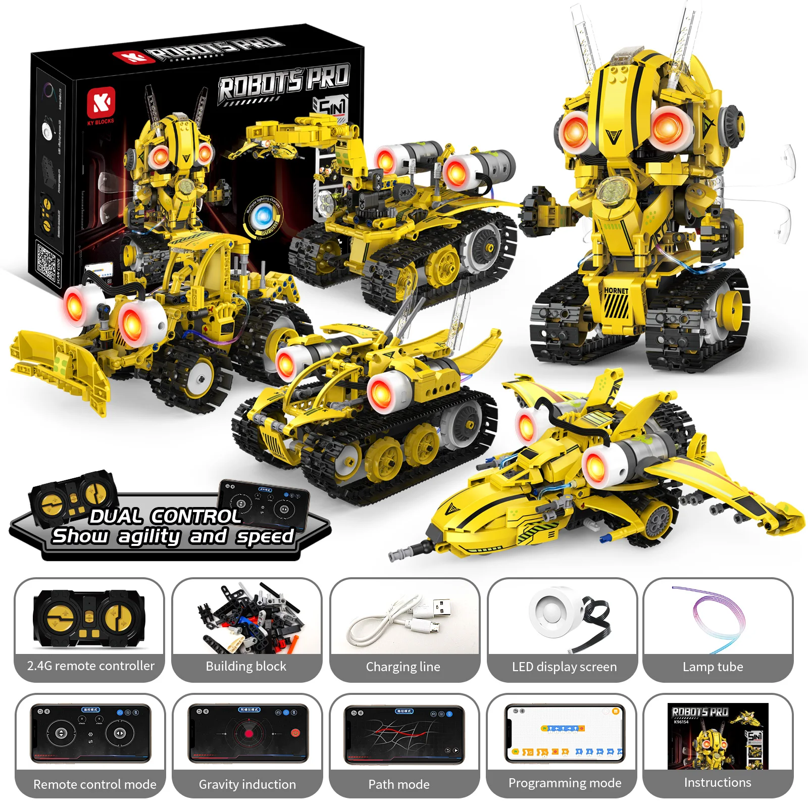

MOC 5 in 1 RC Robot Fighter Grab Arm Cart LED Technical Off-road Bulldozer Vehicle DIY Building Block Toy for Children Gift