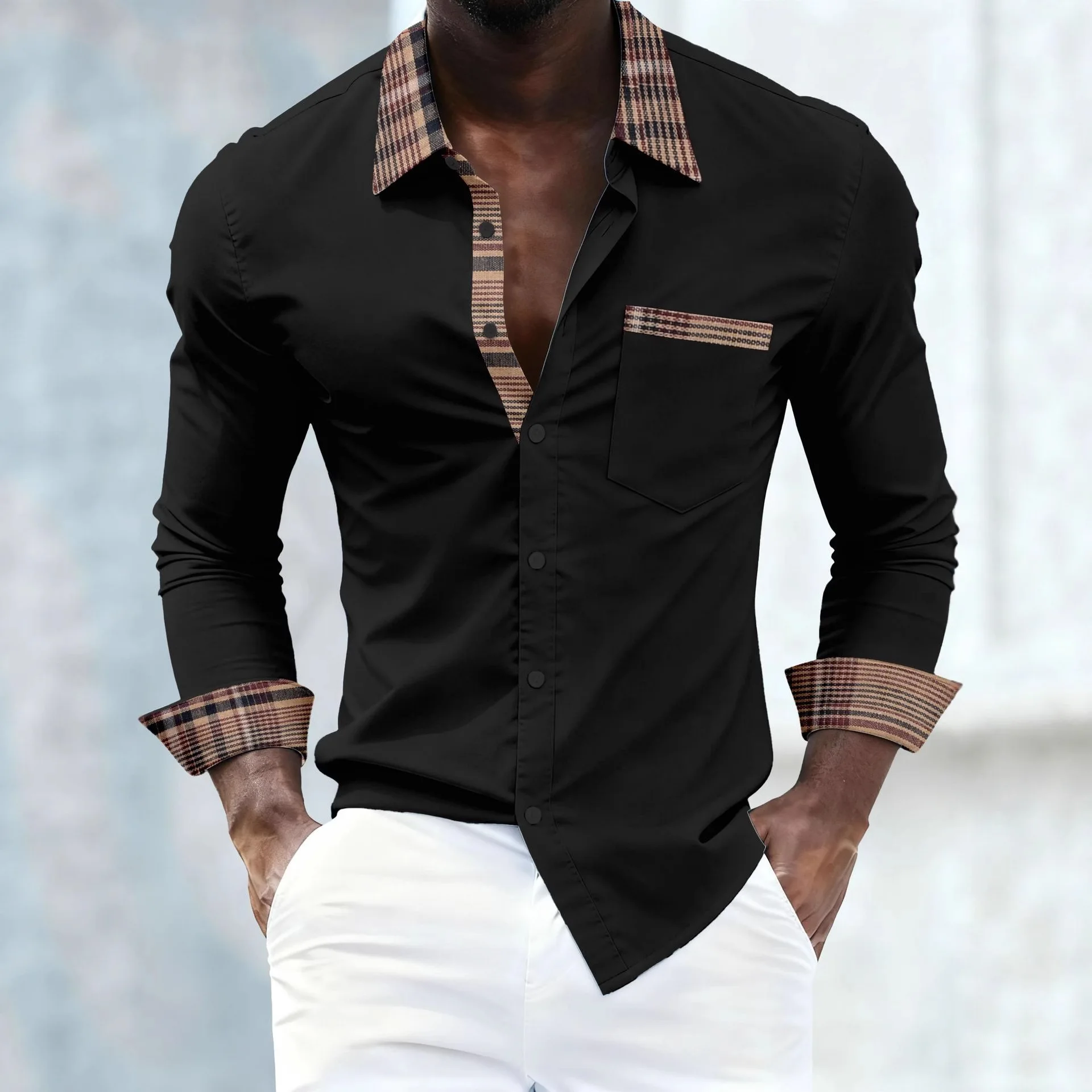 New men's check-patterned long-sleeved shirt with decorative buttons and collar. Suitable for parties, work, and casual wear.