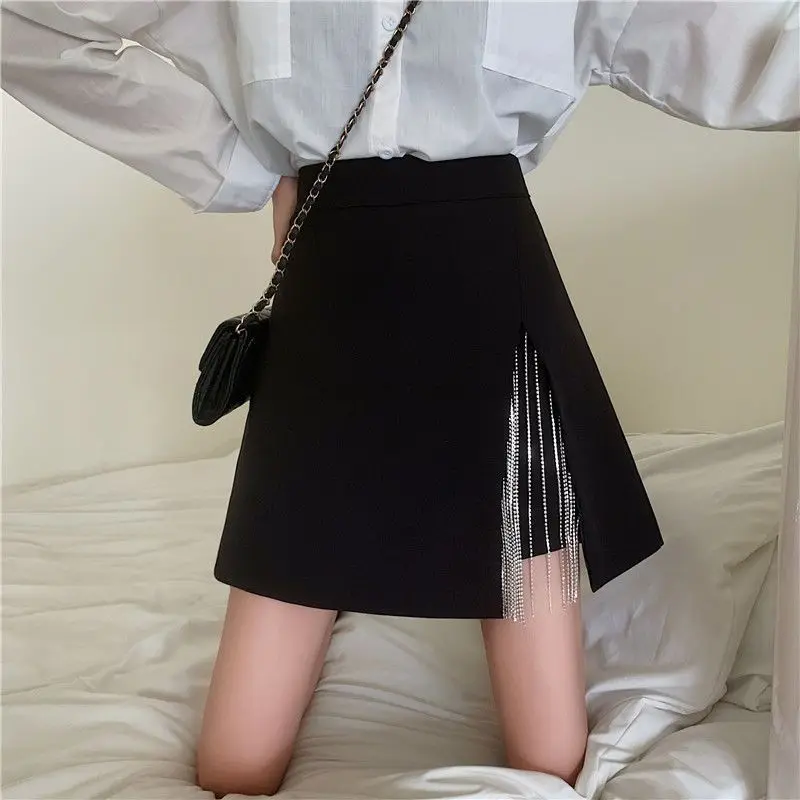 

Skirts Women Mini with Chain Ladies A-line Side-slit Leisure Hotsweet Empire Pure Sexy Faldas Spring Fall A-line Simple Clubwear