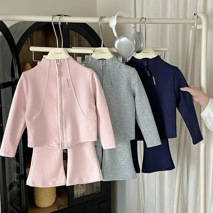 Fashion Baby Girls 2PCS/Set Sports Clothes Solid Color Zipper Jacket Tops Flared Pants Suit For Spring Autumn Kids