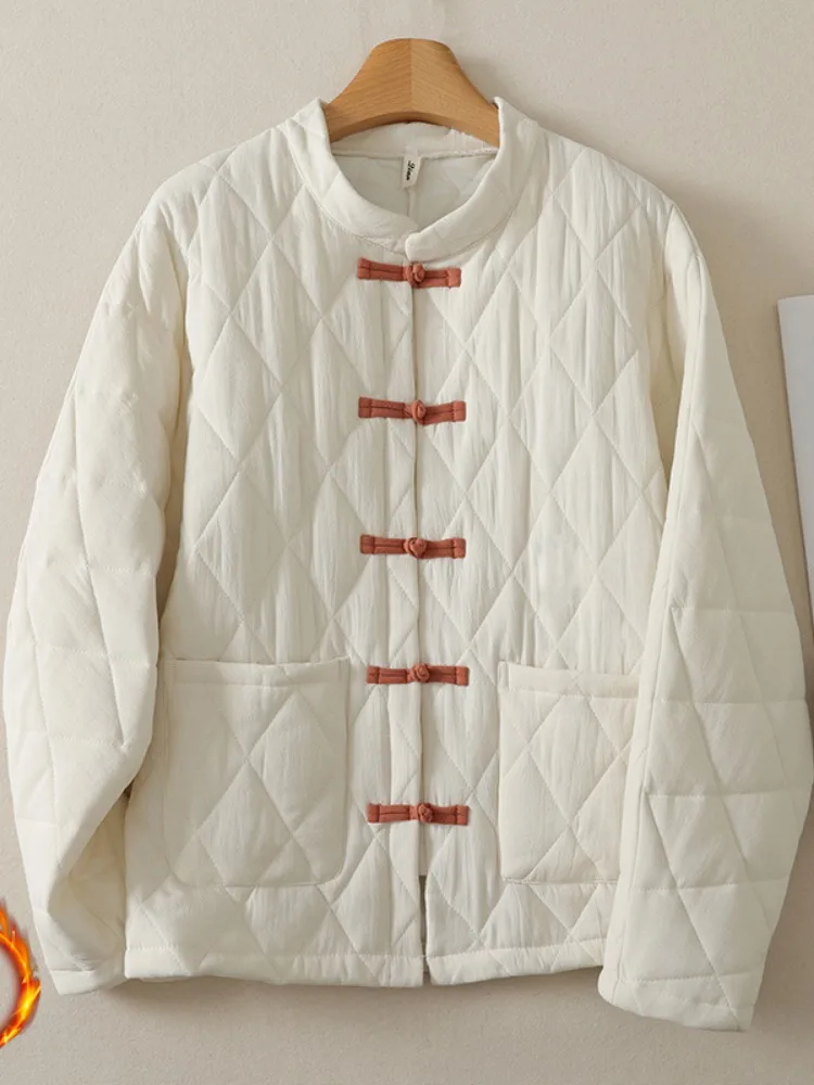 Fashionable Simple Diamond Pattern Cotton Jacket Women's Winter Large Size Cotton Padded Thickened Chinese Button Stand Colla...