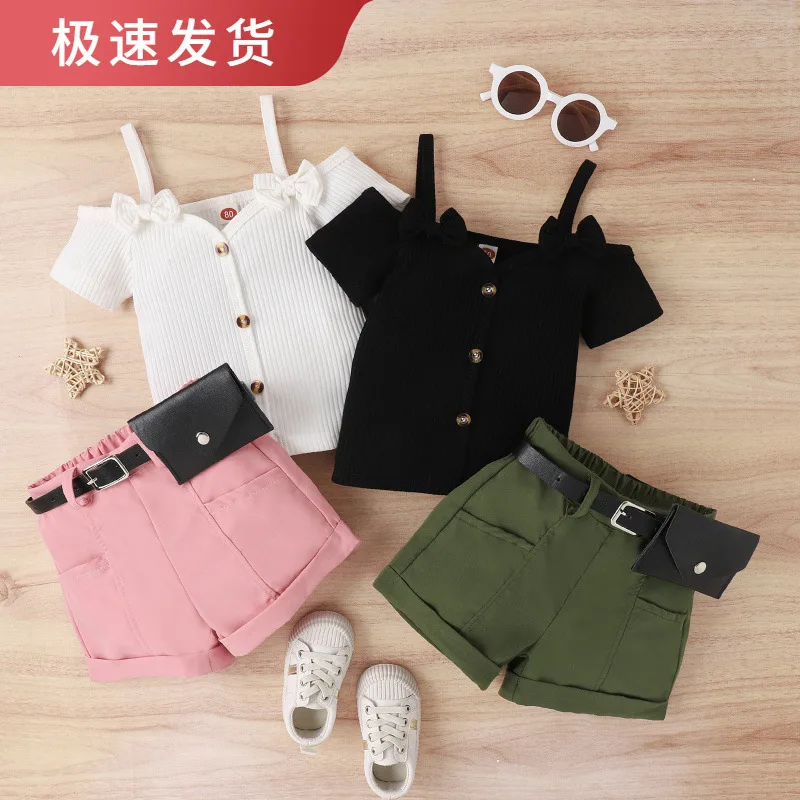 

Girls' Spring Summer Off-Shoulder Short Sleeve Top with Shorts Two-Piece Set for Kids In Stock