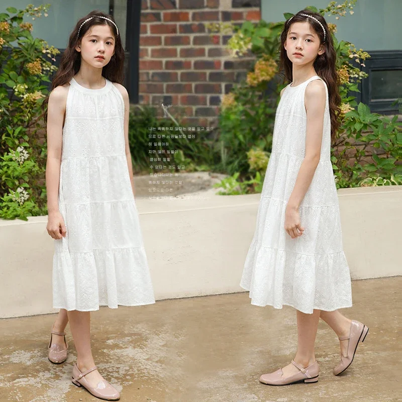 Girls Slip Dress Summer Sleeveless Hollow Cotton Dress 2024 New Beach Holiday White Princess Dresses for Kids 12 13 14 Years