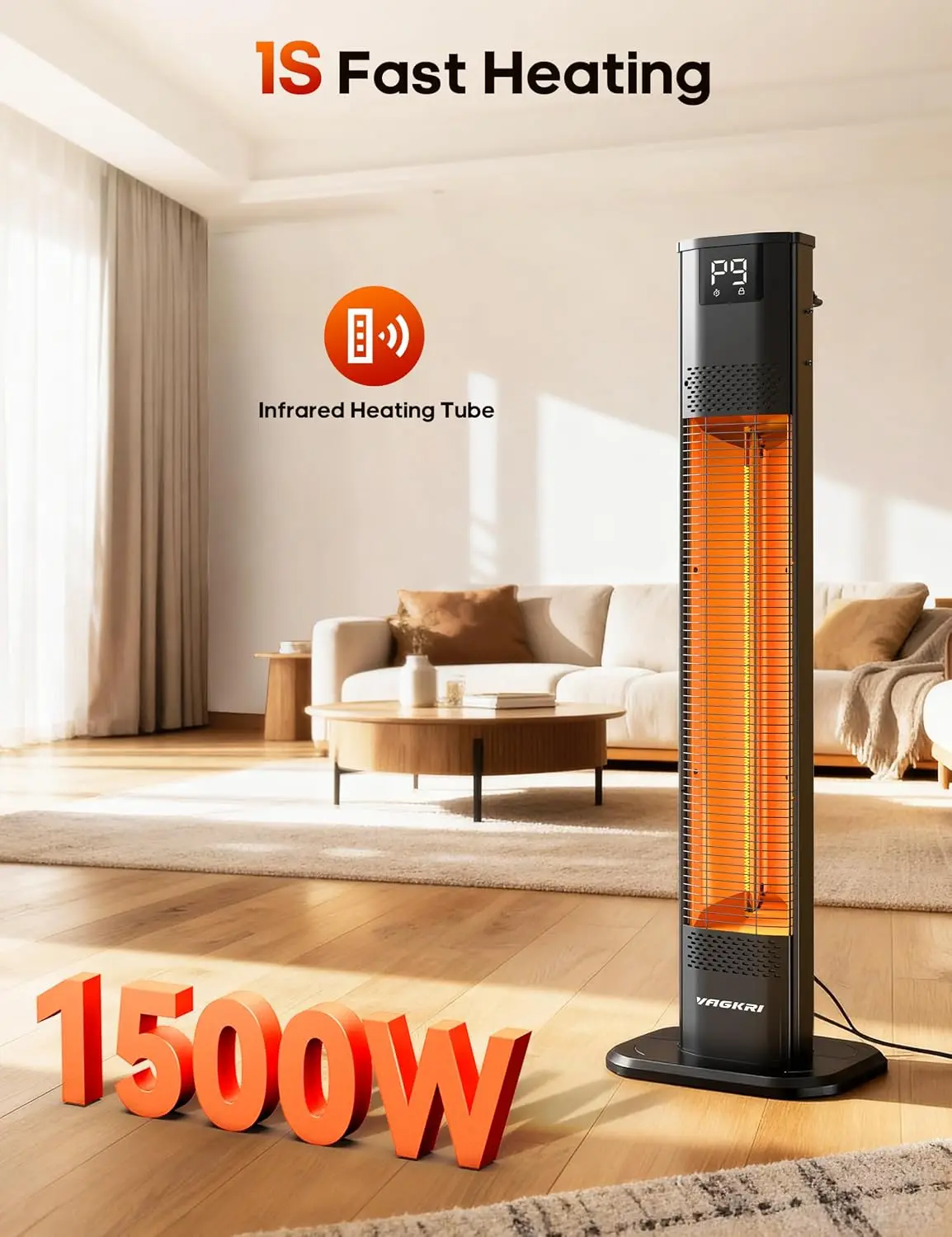 42 Inch Electric Infrared Patio Heater, Outdoor Heater with 1-Second Instant Heat, 9 Heat Settings, 24-Hour Timer, IPX5 Waterproof, for Garden, Deck, Restaurant, Garage, Indoor and Outdoor Use