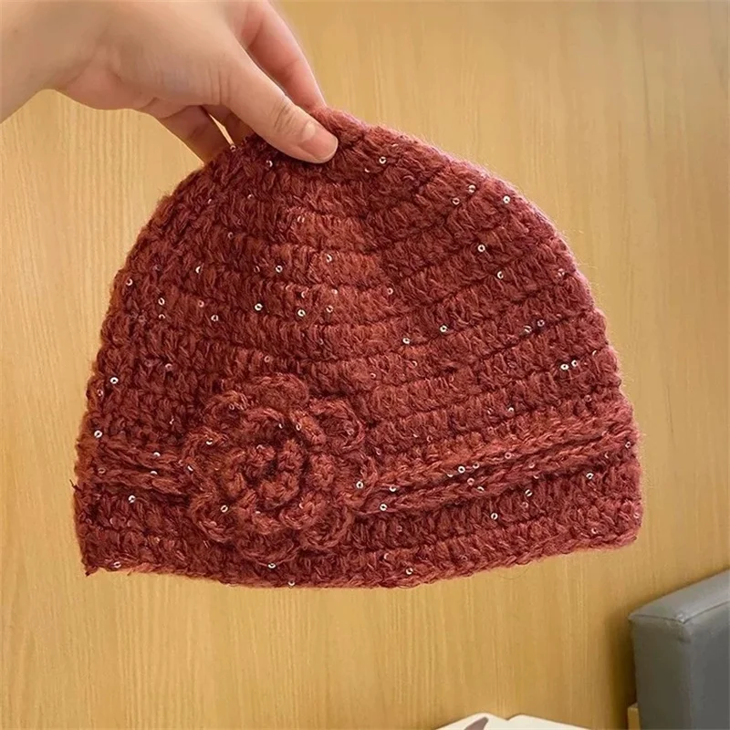 Hand-knitted Hats for Women Delicate Glittering Flowers  Knitting Stitches Fashion Warm Autumn and  Winter Female  Cap