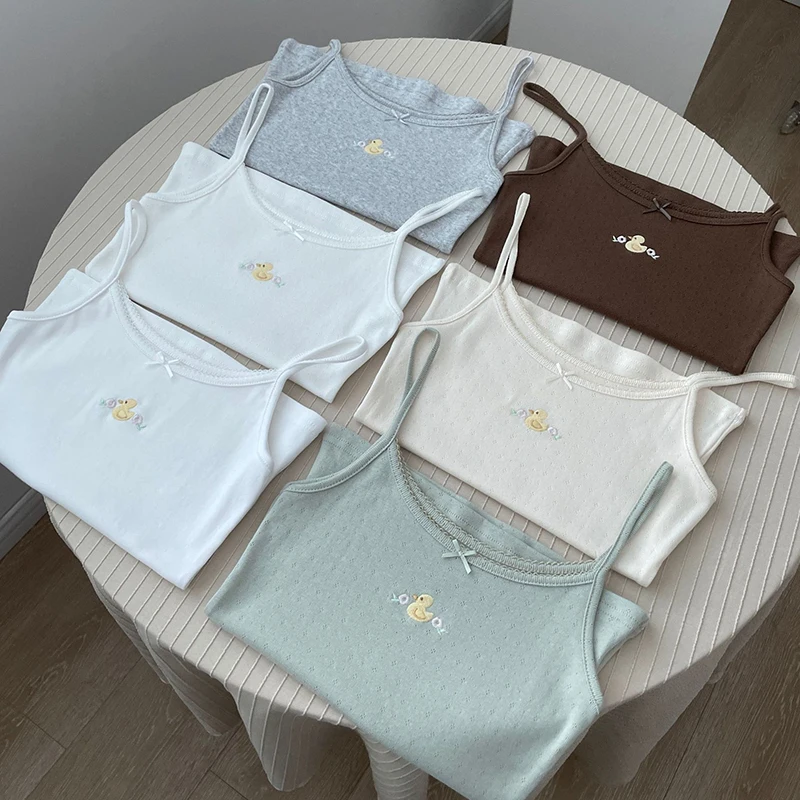 Little Duck Embroidery Cute Crop Top Summer Bow Cotton Sleeveless Slim Tank Tops Women Preppy Style Solid Sweet Camisole Y2k