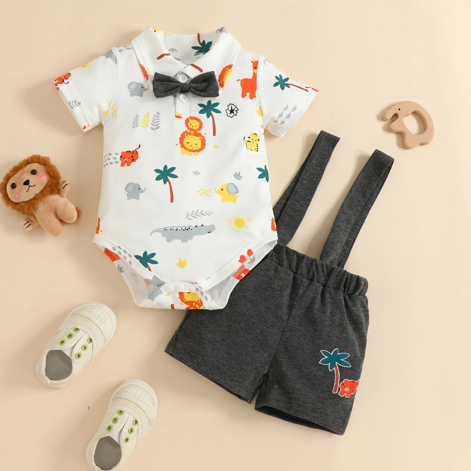 Baby Boy Clothes Set Rompers With Bow Gentleman Print Summer Suits Suspender Shorts Toddler Bodysuit Infant Baby Clothes 0-24M