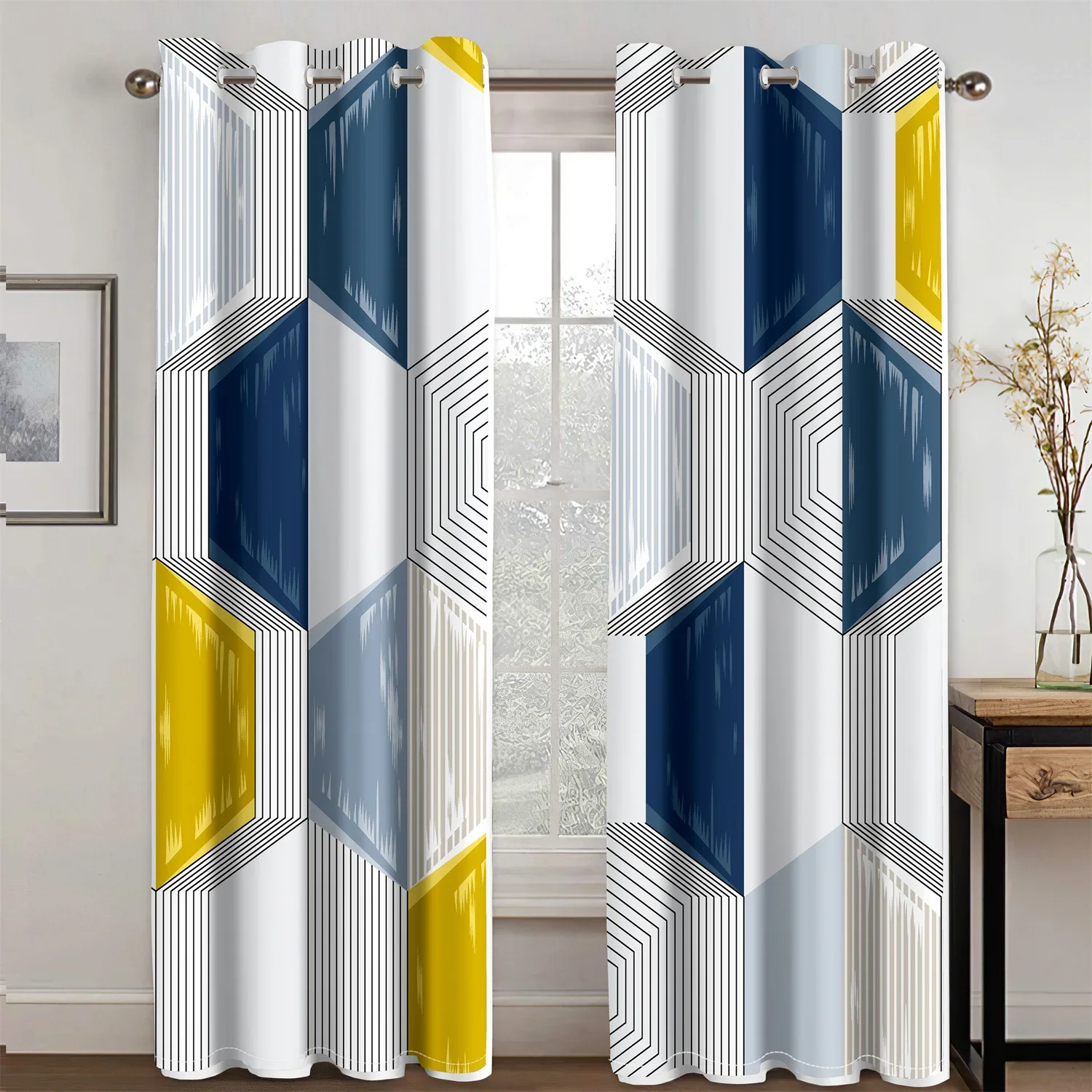 Abstract Geometric Design with Modern Simplicity Light Filtering Drapes Window Curtains for Living Room Bedroom 2 Pieces Decor