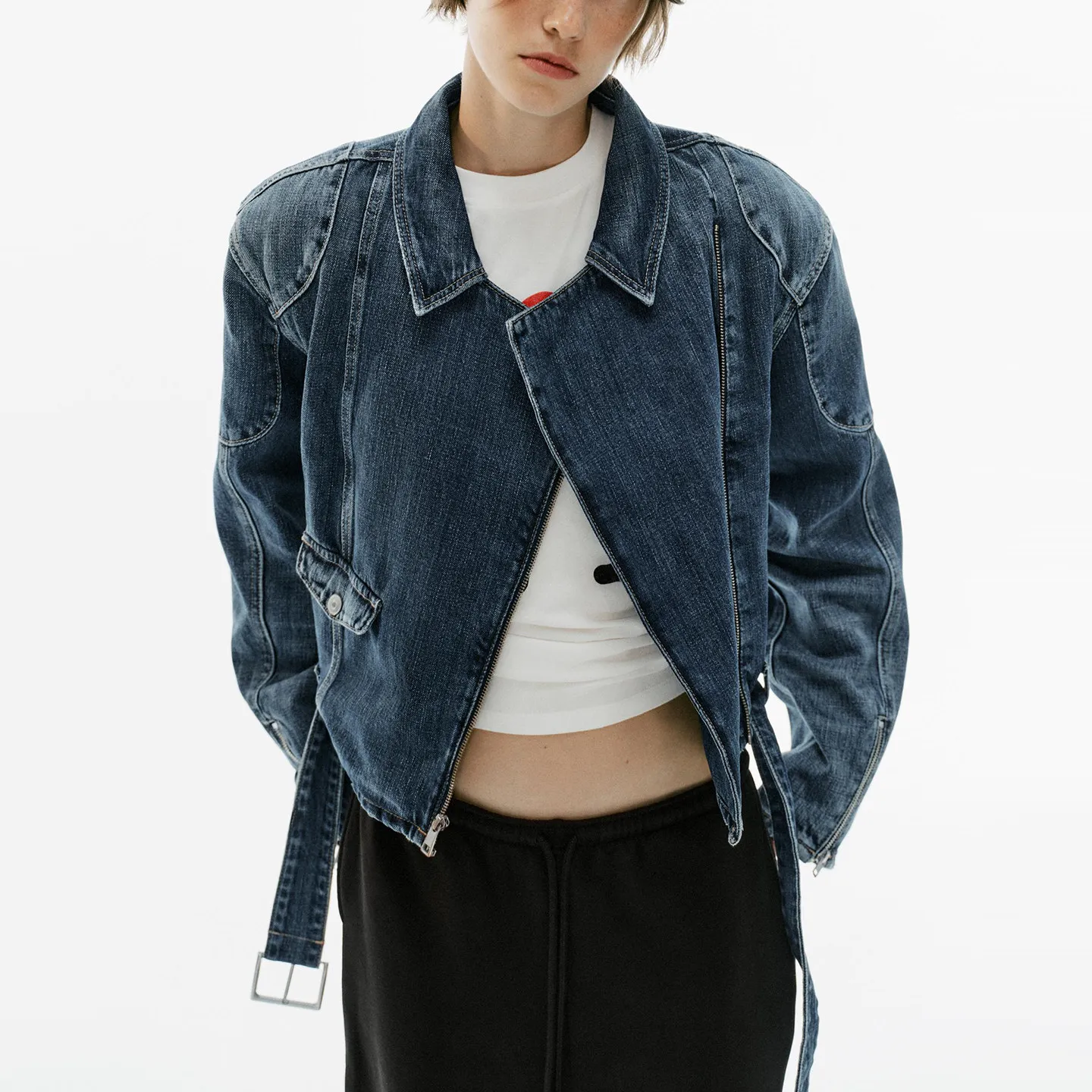 Fall 2026 Women's Long Sleeve Collared Belted Denim Motorcycle Jacket Coat ZADATA Standard Fit Outerwear Other Material