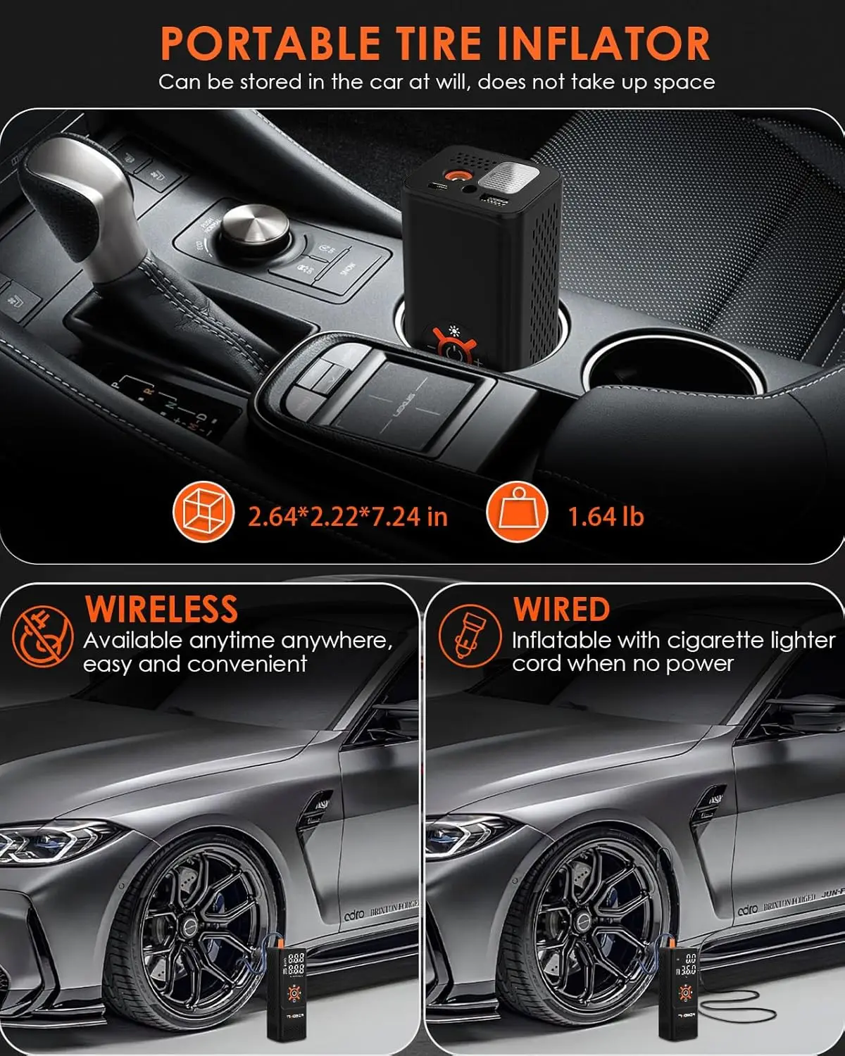 Portable Air Compressor for Car Tires, 150PSI Fast Inflation with Digital Gauge, Wireless & Wired Use for Bikes, Balls