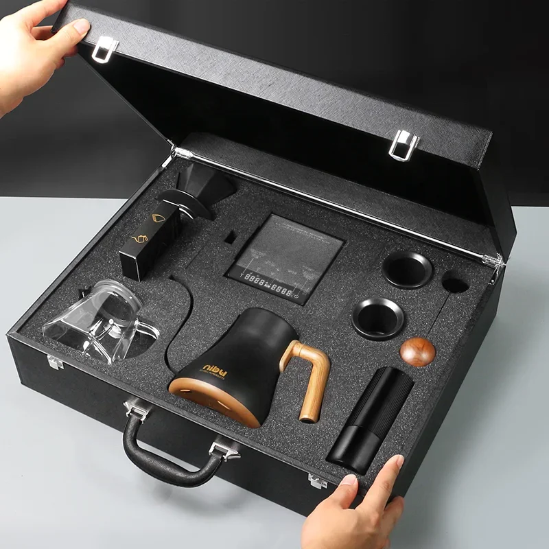 Portable Camping Hand Drip Coffee Maker Set Gift Box Portable Leather Suitcase Pour Over Coffee Brewing Kit for Outdoor Travel